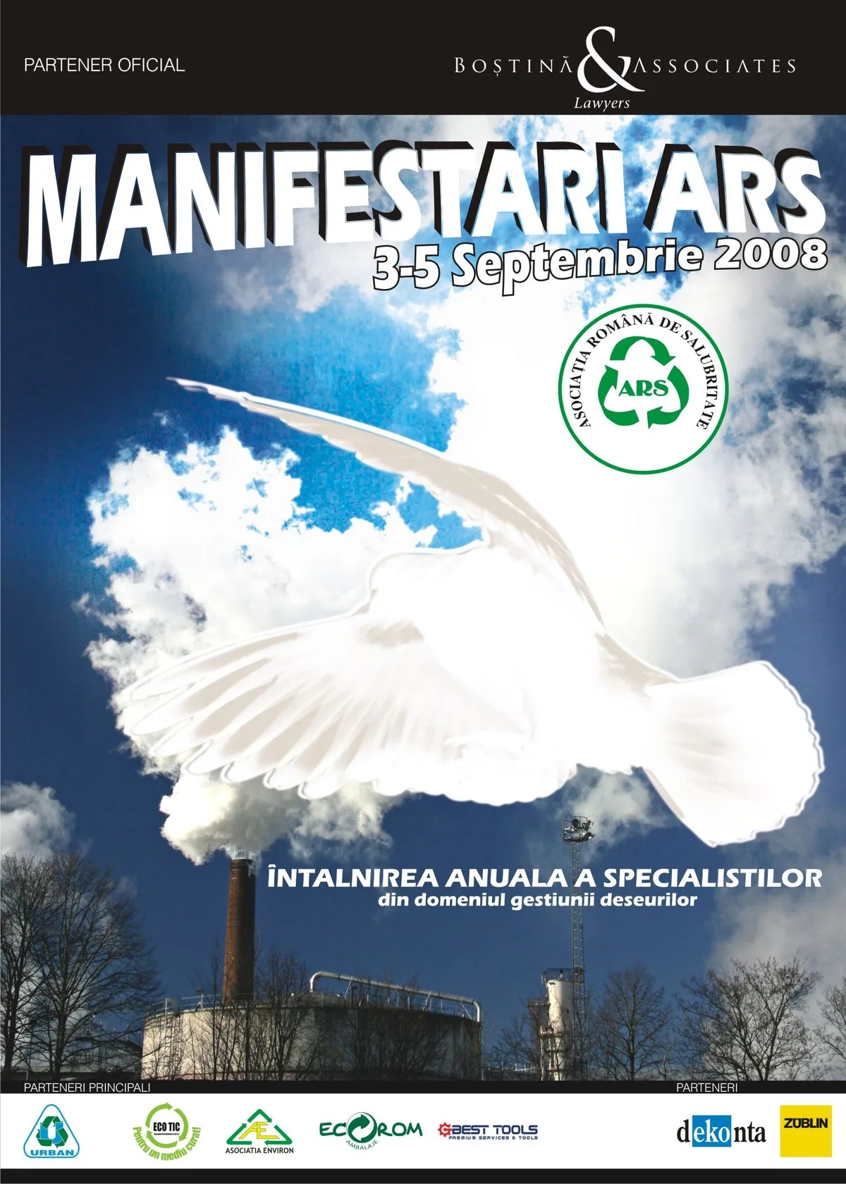 Afiș de epocă: „MANIFESTĂRI ARS, 3-5 Septembrie 2008 — Întâlnirea anuală a specialiștilor din domeniul gestiunii deșeurilor”