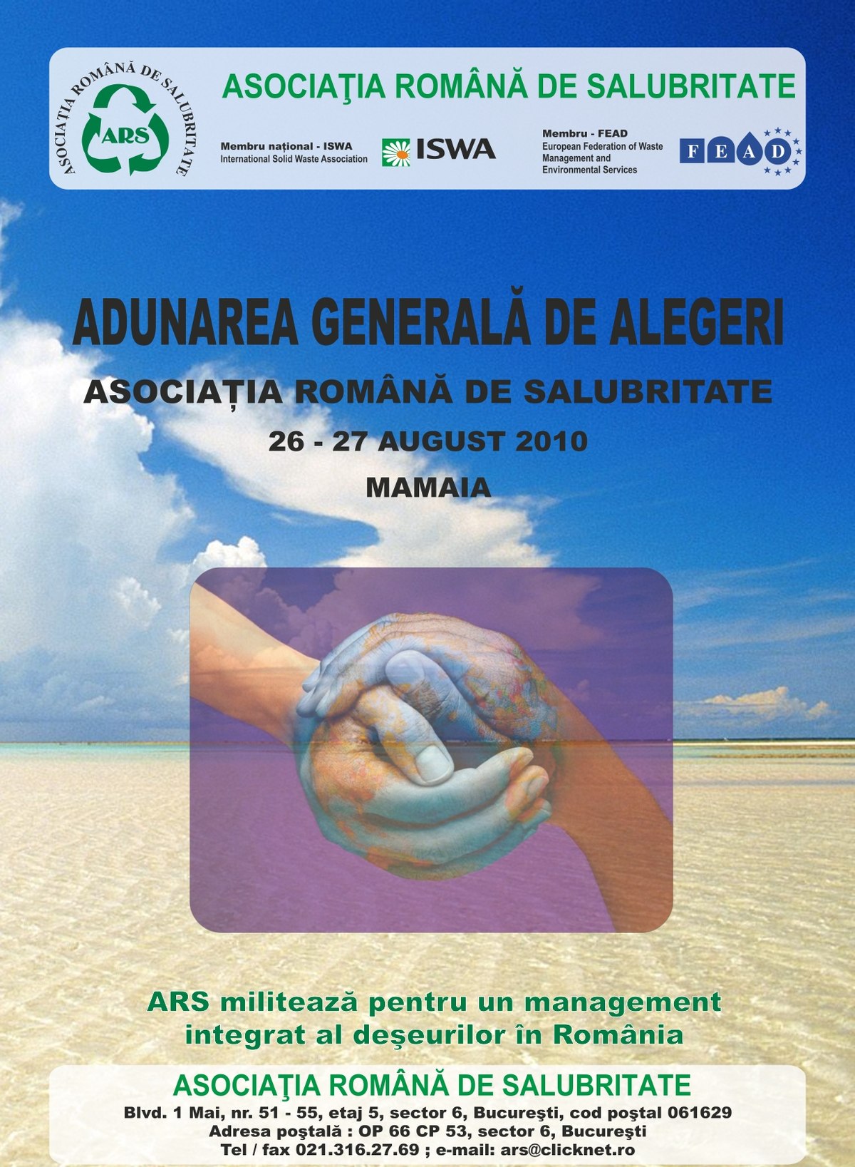 Afiș de epocă: „Adunarea Generală de Alegeri, Asociația Română de Salubritate, 26-27 august 2010, Mamaia”