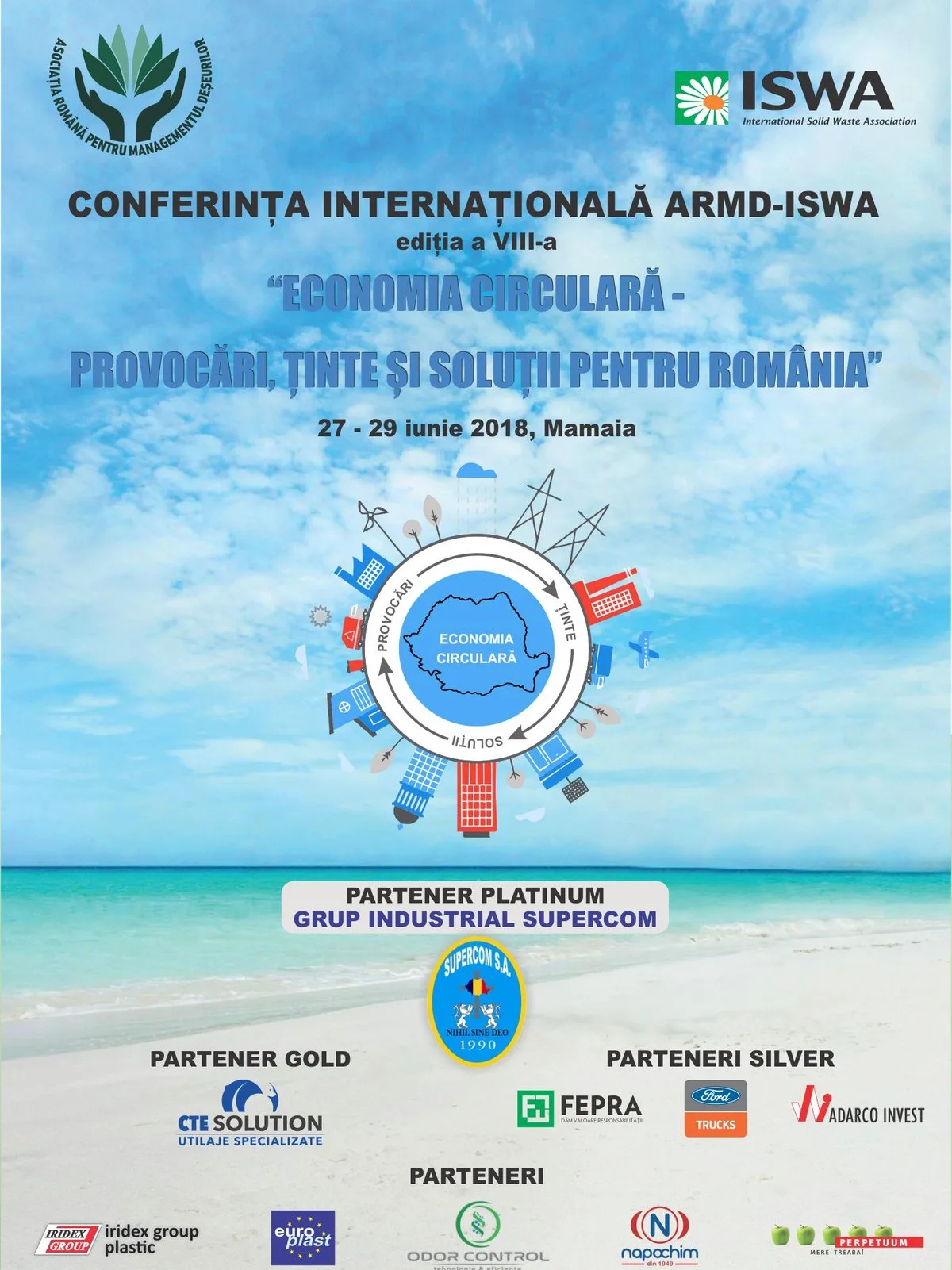 Afiș de epocă: Conferința Internațională ARMD-ISWA, ediția a VIII-a, „Economia circulară — provocări, ținte și soluții pentru România”, 27-29 iunie 2018, Mamaia